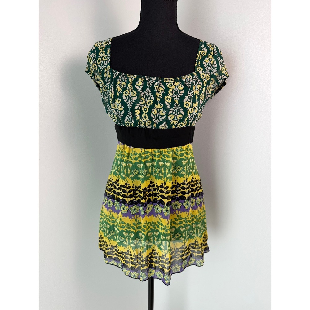 2000s Y2K Boho Charlotte Russe Floral Short Sleeve Sheer Blouse Babydoll S